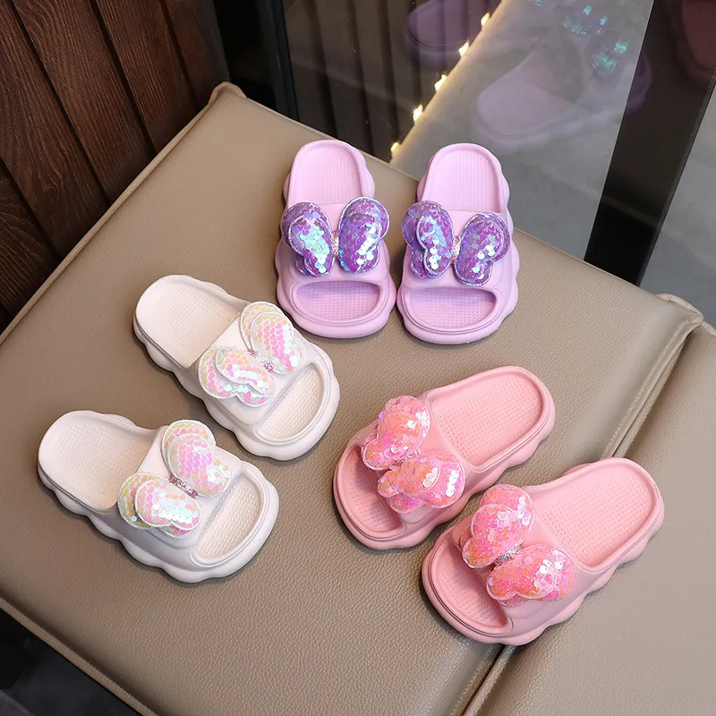 Kids Girls Fashion Sequins Butterfly Non-Slip EVA Soft Bottom Slippers