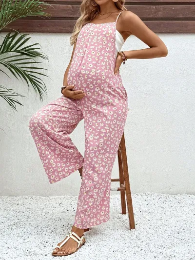 Pregnant Women Fashion Casual Boho Spring And Summer Printed Spaghetti Strap Jumpsuits