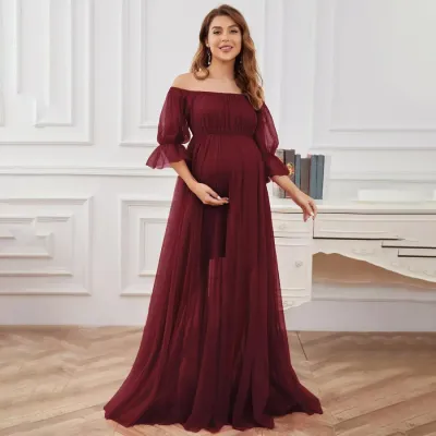 Pregnant Woman Fashion Elegant Solid Color Mesh Off-Shoulder Short-Sleeve Evening Dress
