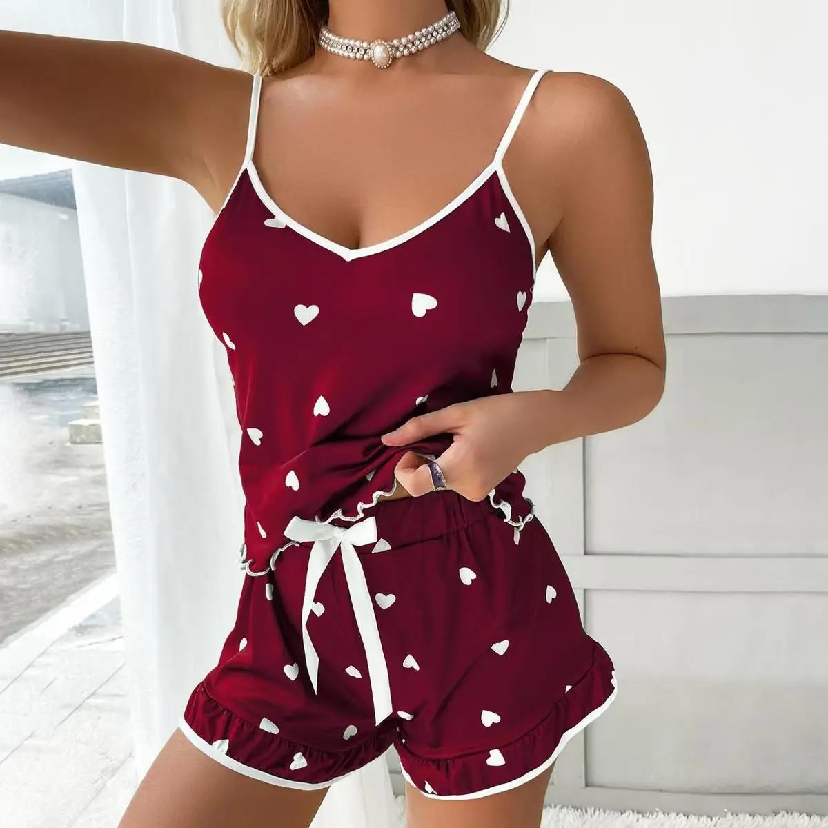 Women Fashion Sexy Summer Love Printed Camisole Loose Shorts Pajamas Two-Piece Set