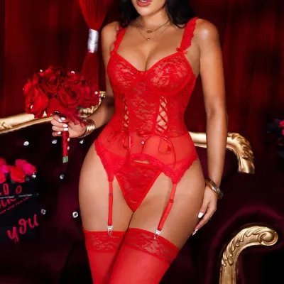 Women Fashion Solid Color Lace Silk Stockings Sexy Lingerie Set