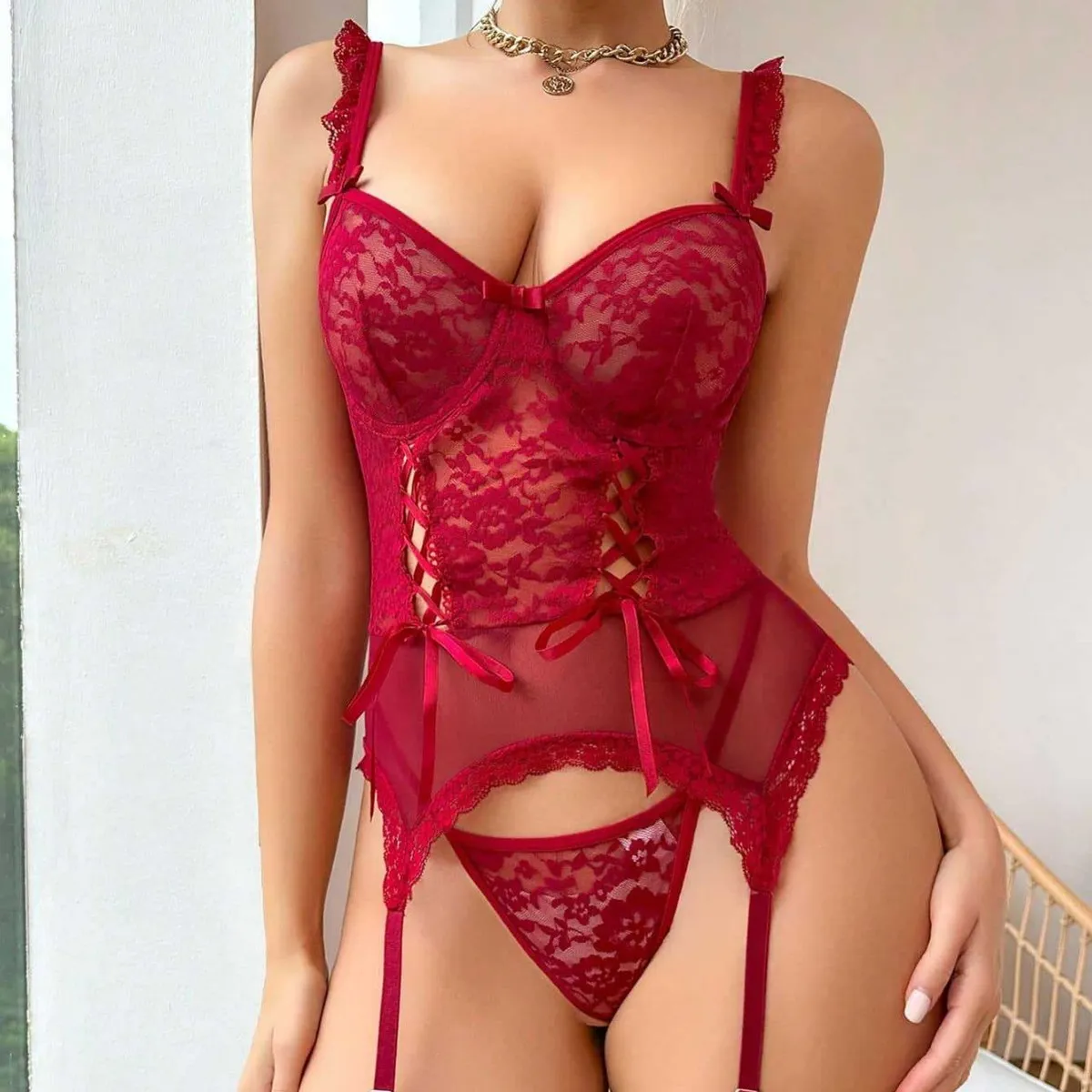 Women Fashion Solid Color Lace Silk Stockings Sexy Lingerie Set