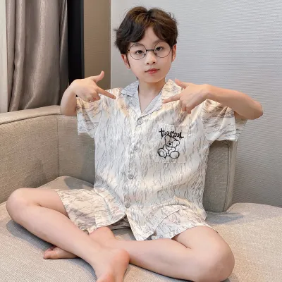 Kids Boys Fashion Casual Summer Printed Thin Ice Silk Short-Sleeve Cardigan Loose Shorts Pajamas Two-Piece Set