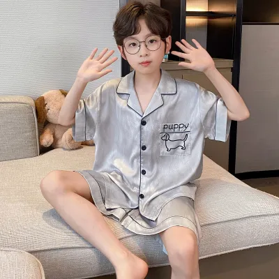Kids Boys Fashion Casual Summer Printed Thin Ice Silk Short-Sleeve Cardigan Loose Shorts Pajamas Two-Piece Set