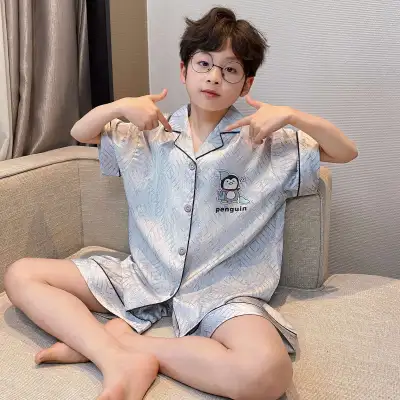 Kids Boys Fashion Casual Summer Printed Thin Ice Silk Short-Sleeve Cardigan Loose Shorts Pajamas Two-Piece Set