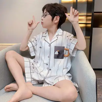 Kids Boys Fashion Casual Summer Printed Thin Ice Silk Short-Sleeve Cardigan Loose Shorts Pajamas Two-Piece Set