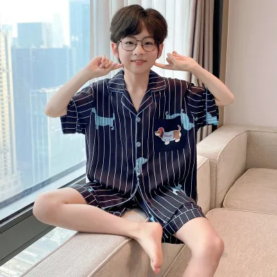 Kids Boys Fashion Casual Summer Printed Thin Ice Silk Short-Sleeve Cardigan Loose Shorts Pajamas Two-Piece Set