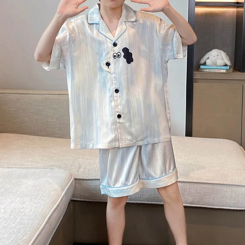 Kids Boys Fashion Casual Summer Printed Thin Ice Silk Short-Sleeve Cardigan Loose Shorts Pajamas Two-Piece Set