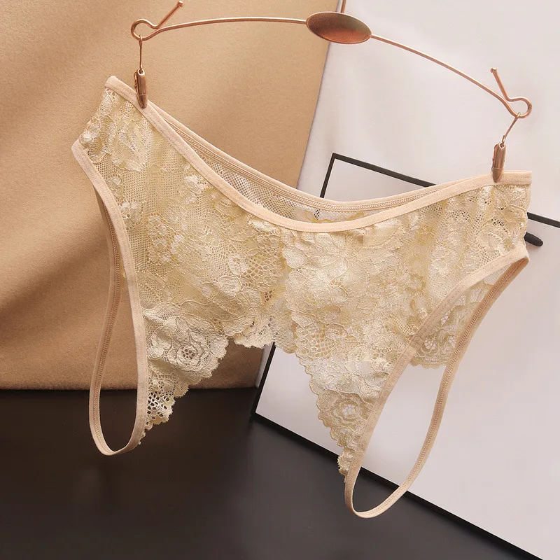 Women Fashion Sexy Solid Color Lace Open Crotch Hollow Thong