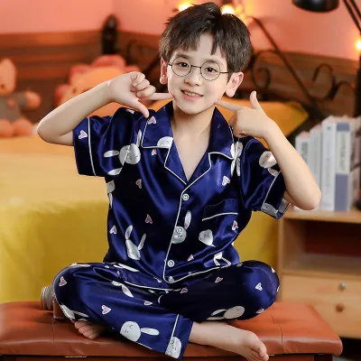 Kids Boy's Fashion Casual Summer Thin Ice Silk Short-Sleeve Cardigan Loose Pants Pajamas Two-Piece Set