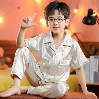 Kids Boy's Fashion Casual Summer Thin Ice Silk Short-Sleeve Cardigan Loose Pants Pajamas Two-Piece Set