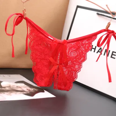 Women Fashion Sexy Solid Color Lace Lace-Up Low-Waisted Thong