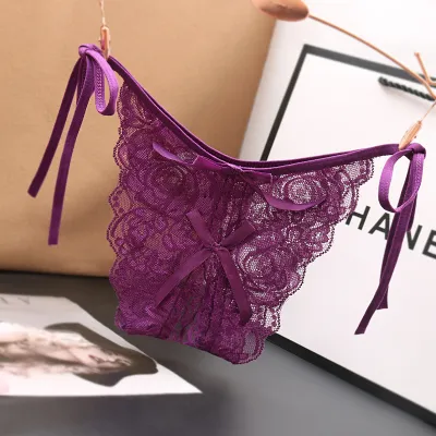 Women Fashion Sexy Solid Color Lace Lace-Up Low-Waisted Thong