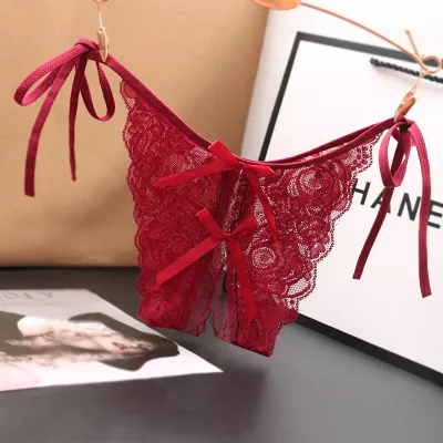 Women Fashion Sexy Solid Color Lace Lace-Up Low-Waisted Thong