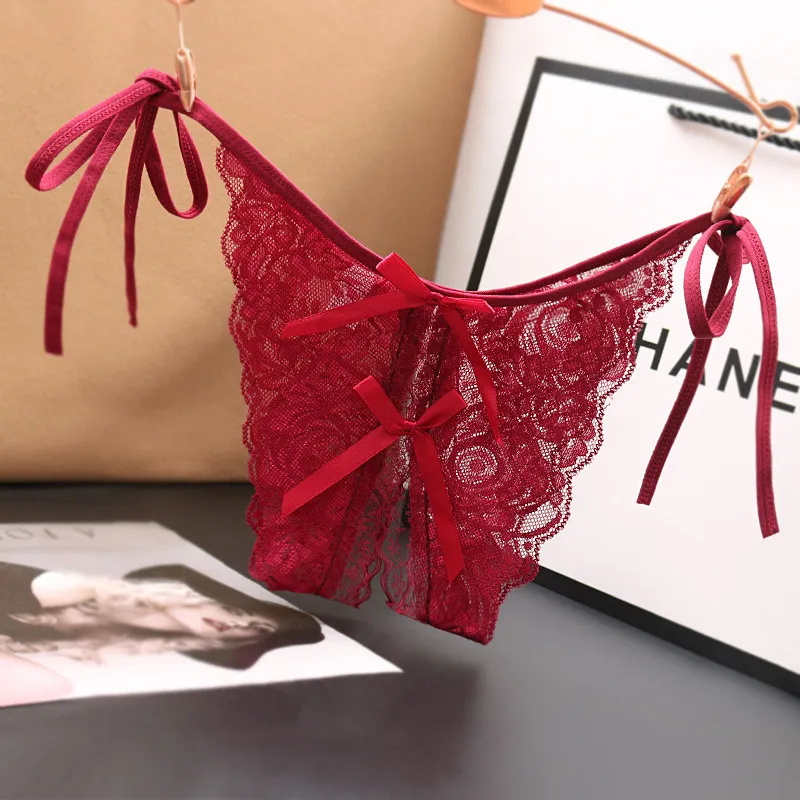 Women Fashion Sexy Solid Color Lace Lace-Up Low-Waisted Thong