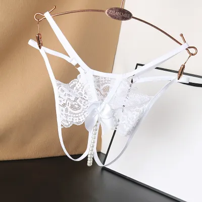 Women Fashion Sexy Solid Color Lace Beads Low Waist Hollow Thong