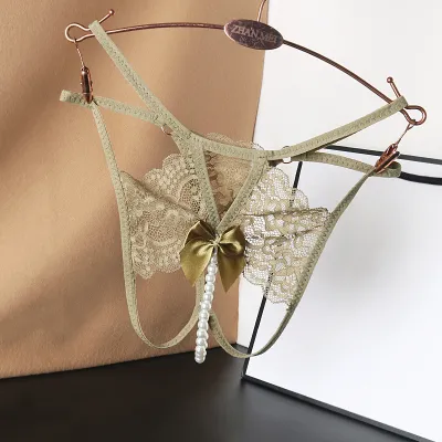 Women Fashion Sexy Solid Color Lace Beads Low Waist Hollow Thong