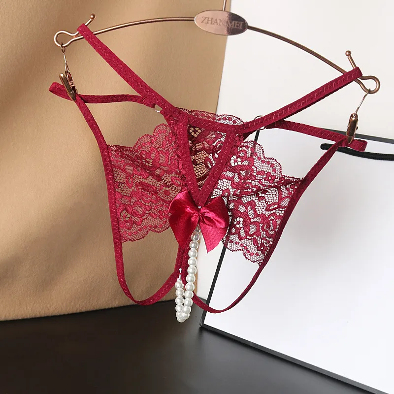 Women Fashion Sexy Solid Color Lace Beads Low Waist Hollow Thong