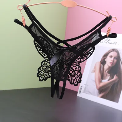 Women Fashion Sexy Solid Color Lace Hollow Out Low Waist Big Butterfly Thong