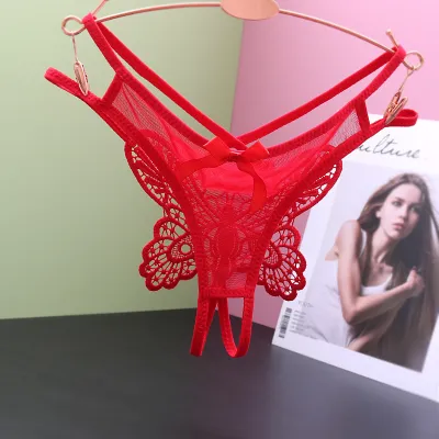 Women Fashion Sexy Solid Color Lace Hollow Out Low Waist Big Butterfly Thong