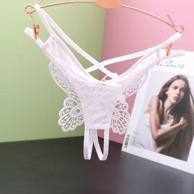 Women Fashion Sexy Solid Color Lace Hollow Out Low Waist Big Butterfly Thong