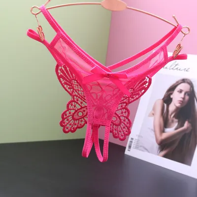 Women Fashion Sexy Solid Color Lace Hollow Out Low Waist Big Butterfly Thong