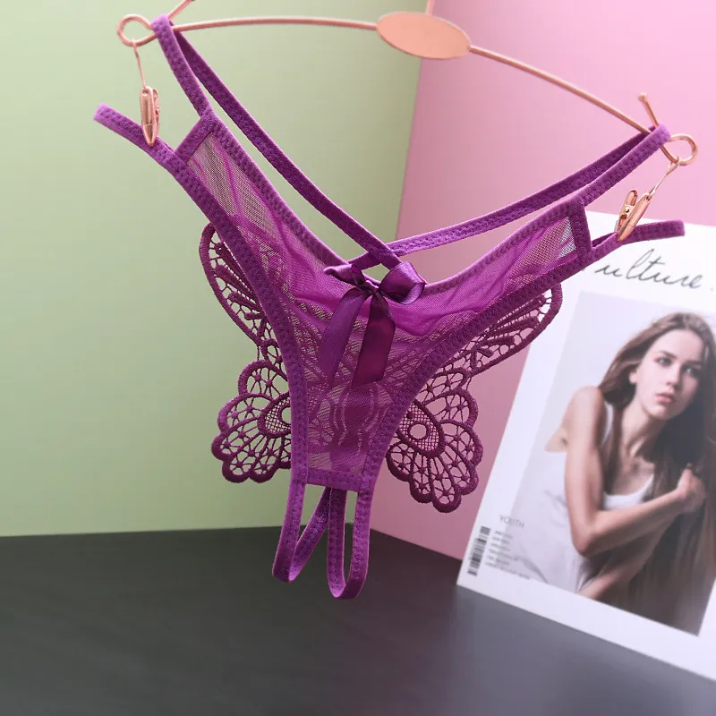 Women Fashion Sexy Solid Color Lace Hollow Out Low Waist Big Butterfly Thong