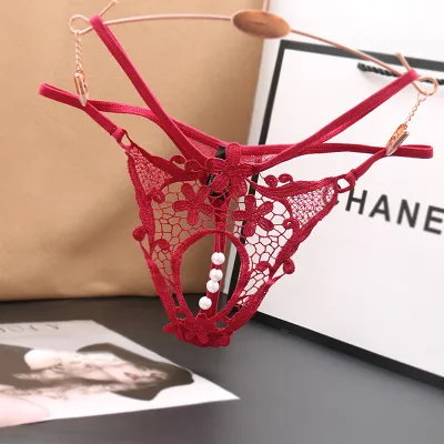 Women Fashion Sexy Solid Color Lace Beads Low Waist Hollow Thong