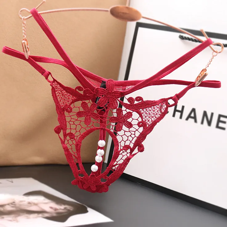 Women Fashion Sexy Solid Color Lace Beads Low Waist Hollow Thong