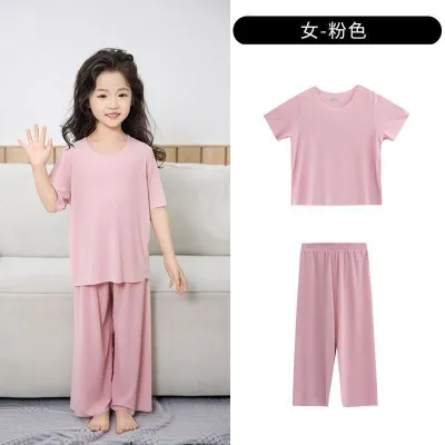 Kids Boys And Girls Unisex Fashion Casual Summer Ice Silk Short Sleeve T Shirt Loose Shorts Pajamas Two Piece Set