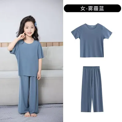 Kids Boys And Girls Unisex Fashion Casual Summer Ice Silk Short Sleeve T Shirt Loose Shorts Pajamas Two Piece Set