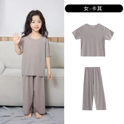 Kids Boys And Girls Unisex Fashion Casual Summer Ice Silk Short Sleeve T Shirt Loose Shorts Pajamas Two Piece Set