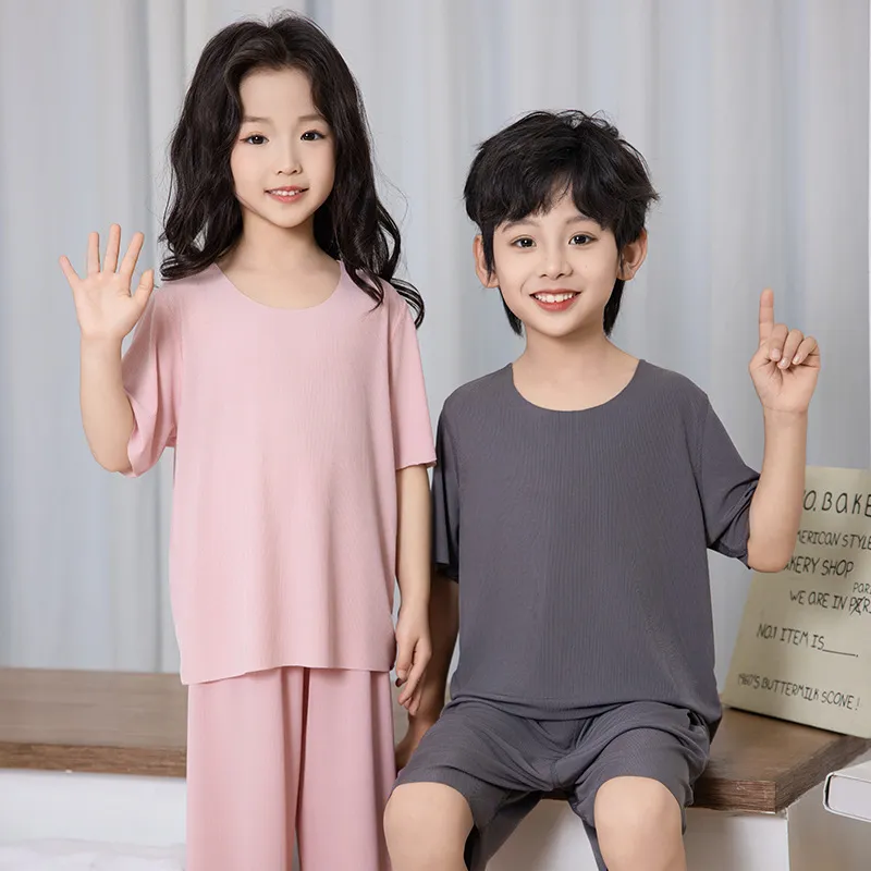 Kids Boys And Girls Unisex Fashion Casual Summer Ice Silk Short Sleeve T Shirt Loose Shorts Pajamas Two Piece Set