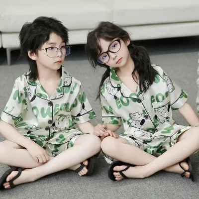 Unisex Kids Printed Short-Sleeve Cardigan Loose Shorts Pajamas Two-Piece Set Light-Weight Polyester
