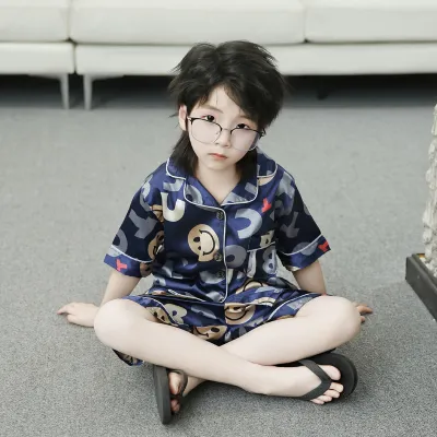 Unisex Kids Printed Short-Sleeve Cardigan Loose Shorts Pajamas Two-Piece Set Light-Weight Polyester