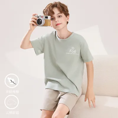Kids Boy's Fashion Casual Light-Weight Summer Short-Sleeve T-Shirt and Shorts Pajamas Two-Piece Set
