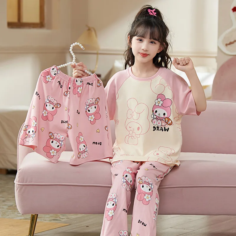 Kids Girls ' Fashion Casual Cartoon Cotton Thin Short-Sleeve T-Shirt Loose Shorts Pants Pajamas Three-Piece Set