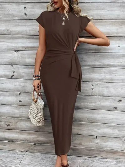 Women Fashion Casual Summer Leopard Printed Round Neck Short Sleeve Long Dress