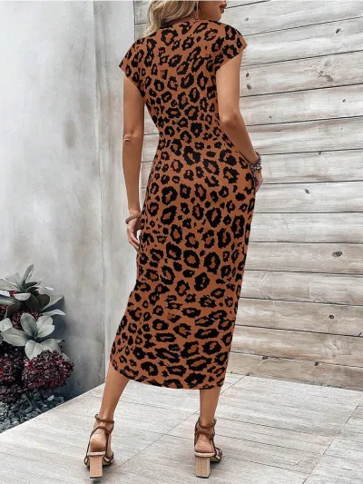 Women Fashion Casual Summer Leopard Printed Round Neck Short Sleeve Long Dress