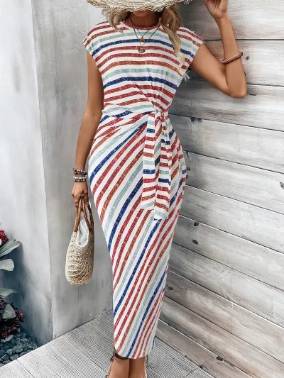 Women Fashion Casual Summer Leopard Printed Round Neck Short Sleeve Long Dress