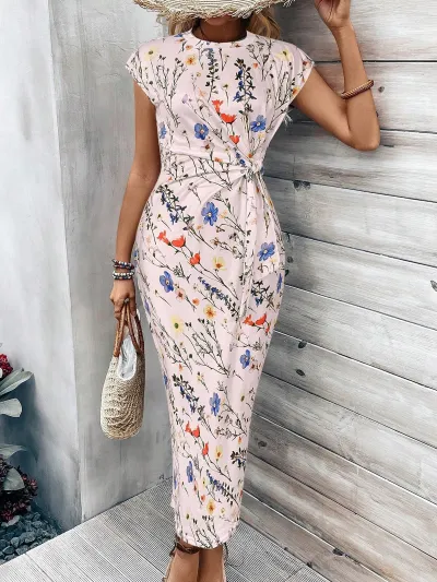 Women Fashion Casual Summer Leopard Printed Round Neck Short Sleeve Long Dress