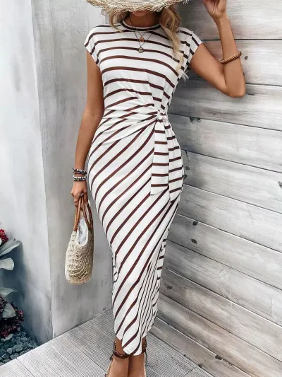 Women Fashion Casual Summer Leopard Printed Round Neck Short Sleeve Long Dress