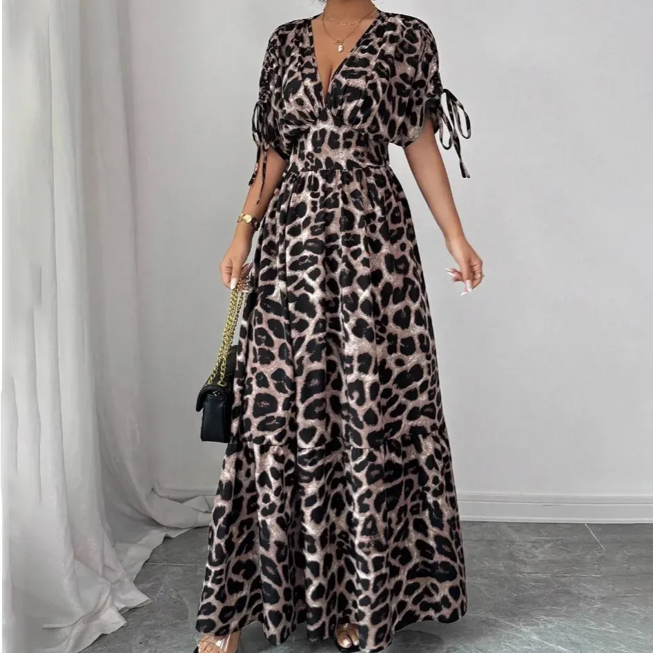 Women Fashion Elegant Leopard Print V-Neck Short-Sleeve Loose Dress