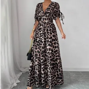 Women Fashion Elegant Leopard Print V-Neck Short-Sleeve Loose Dress