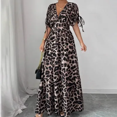 Women Fashion Elegant Leopard Print V-Neck Short-Sleeve Loose Dress