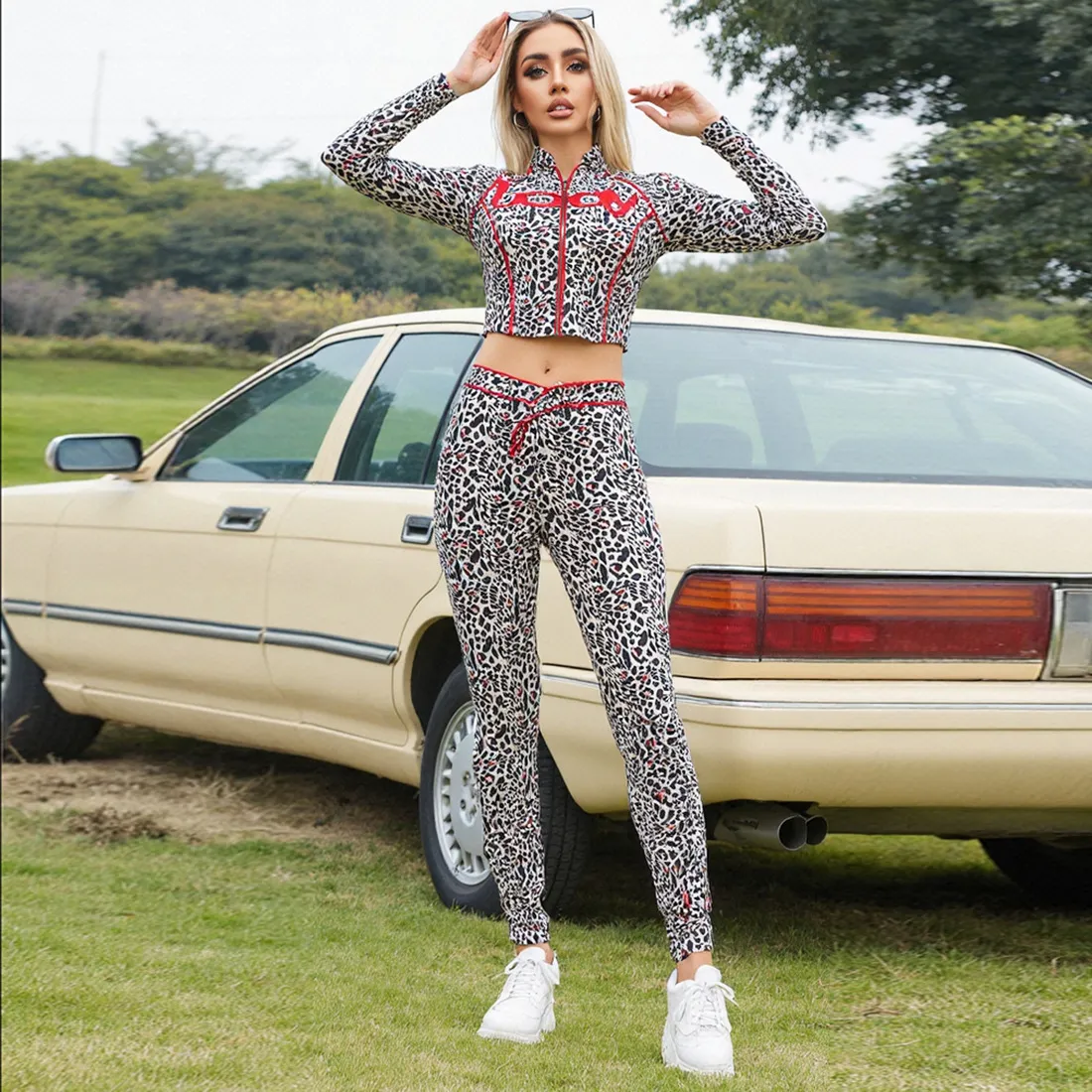 Women Fashion Leopard Printed Zipper Long-Sleeve Jacket Tight Pants Two-Piece Set