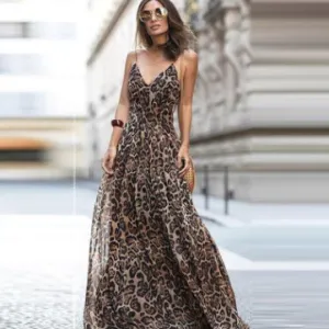 Women Fashion Sexy Leopard Printed V-Neck Spaghetti Strap Chiffon Dress