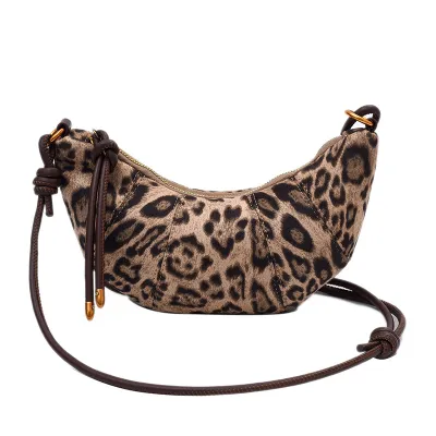 Women Fashion Retro Leopard Suede Crossbody Bag with Zipper Closure Mini Size 12x29x4cm