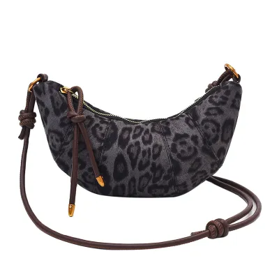 Women Fashion Retro Leopard Suede Crossbody Bag with Zipper Closure Mini Size 12x29x4cm