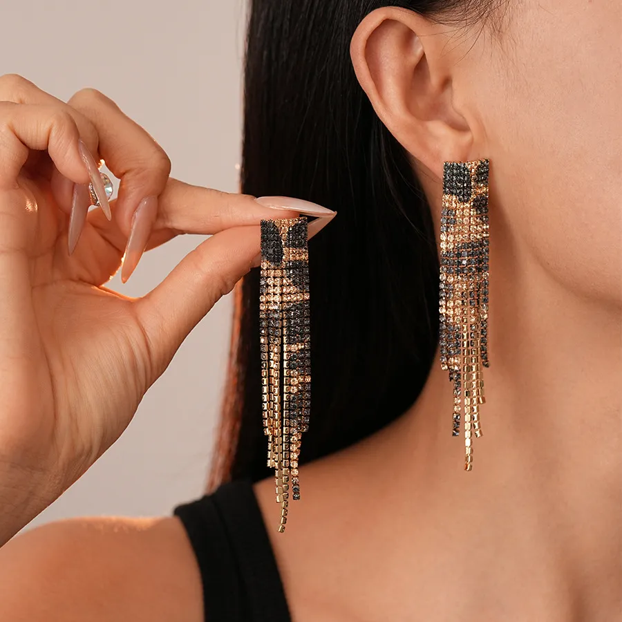 Women's Fashion Retro Leopard Rhinestone Rectangular Tassel Earrings